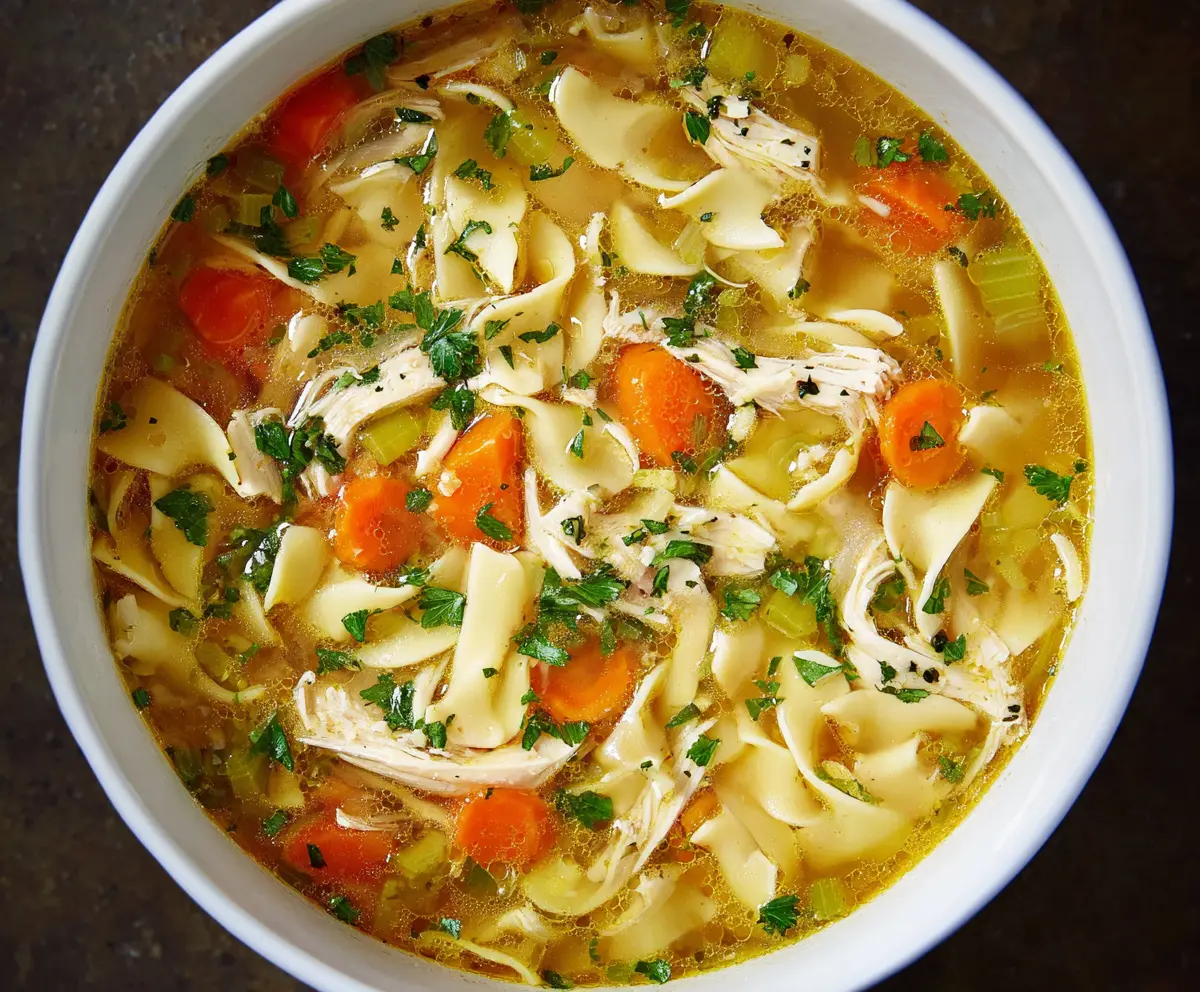 Warm and comforting traditional chicken noodle soup in a bowl with fresh herbs and vegetables.