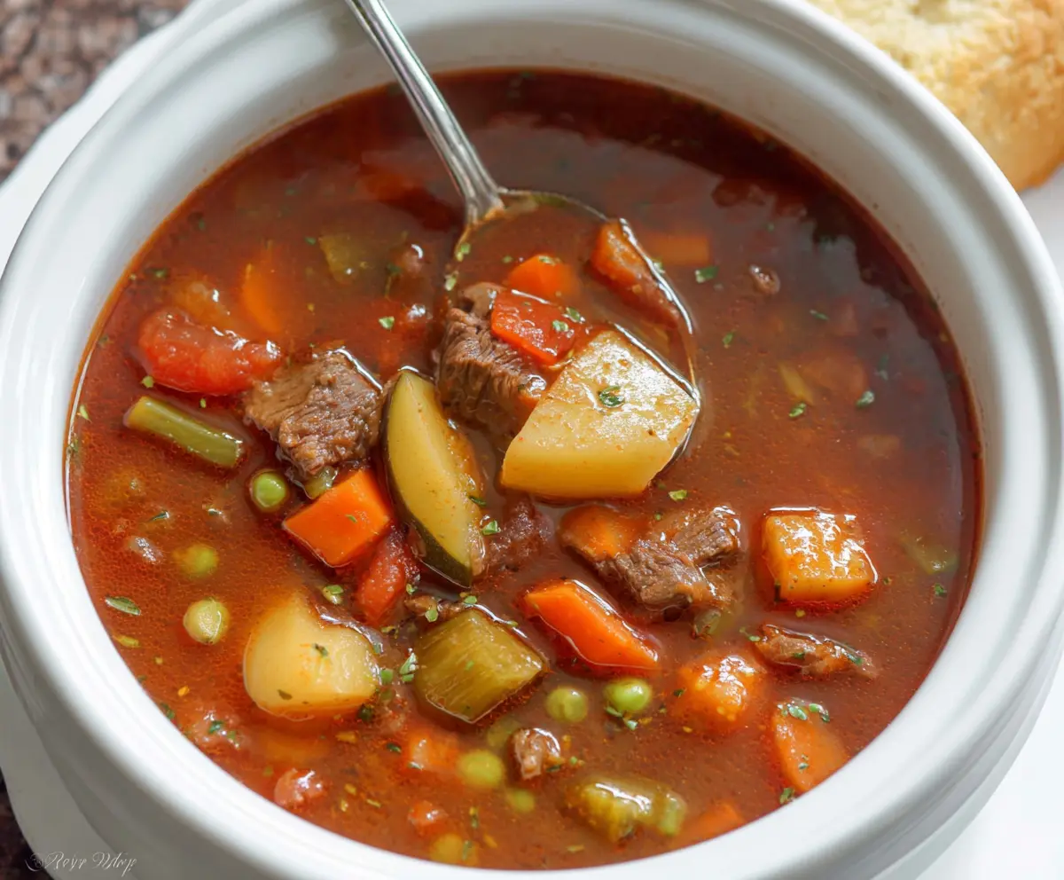 Hearty vegetable beef soup with fresh vegetables and tender beef in a steaming bowl, perfect for a comforting meal.