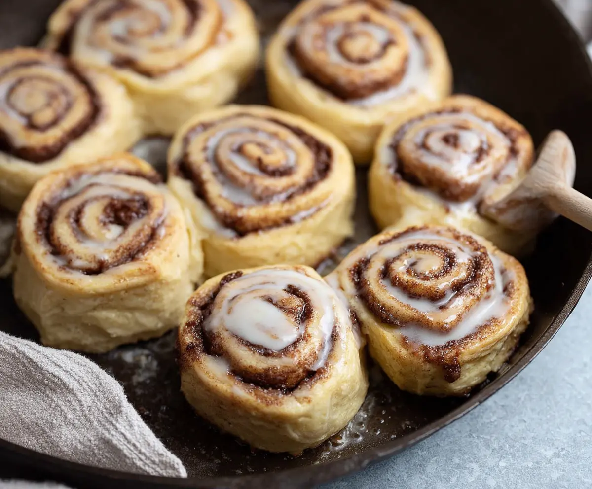 Delicious 30-minute sourdough discard cinnamon rolls fresh out of the oven, topped with creamy glazing.