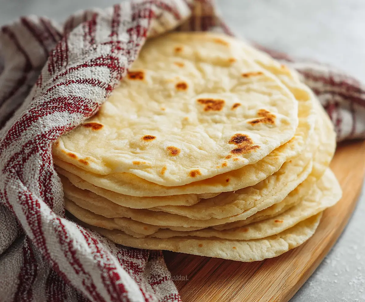 Homemade 4-ingredient sourdough discard tortillas on a cutting board with fresh herbs