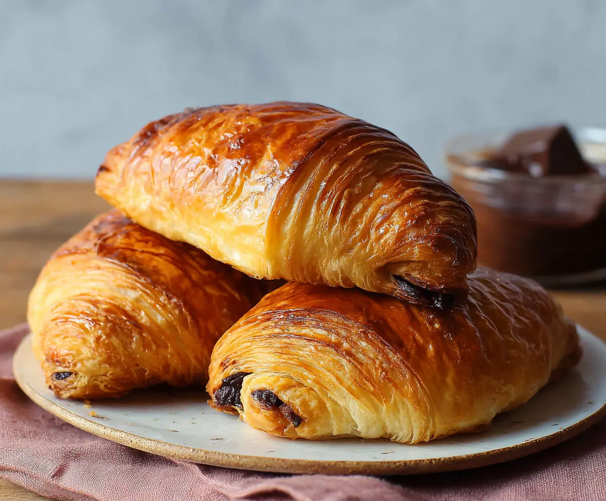 Delicious homemade chocolate croissants with flaky golden pastry and rich chocolate filling