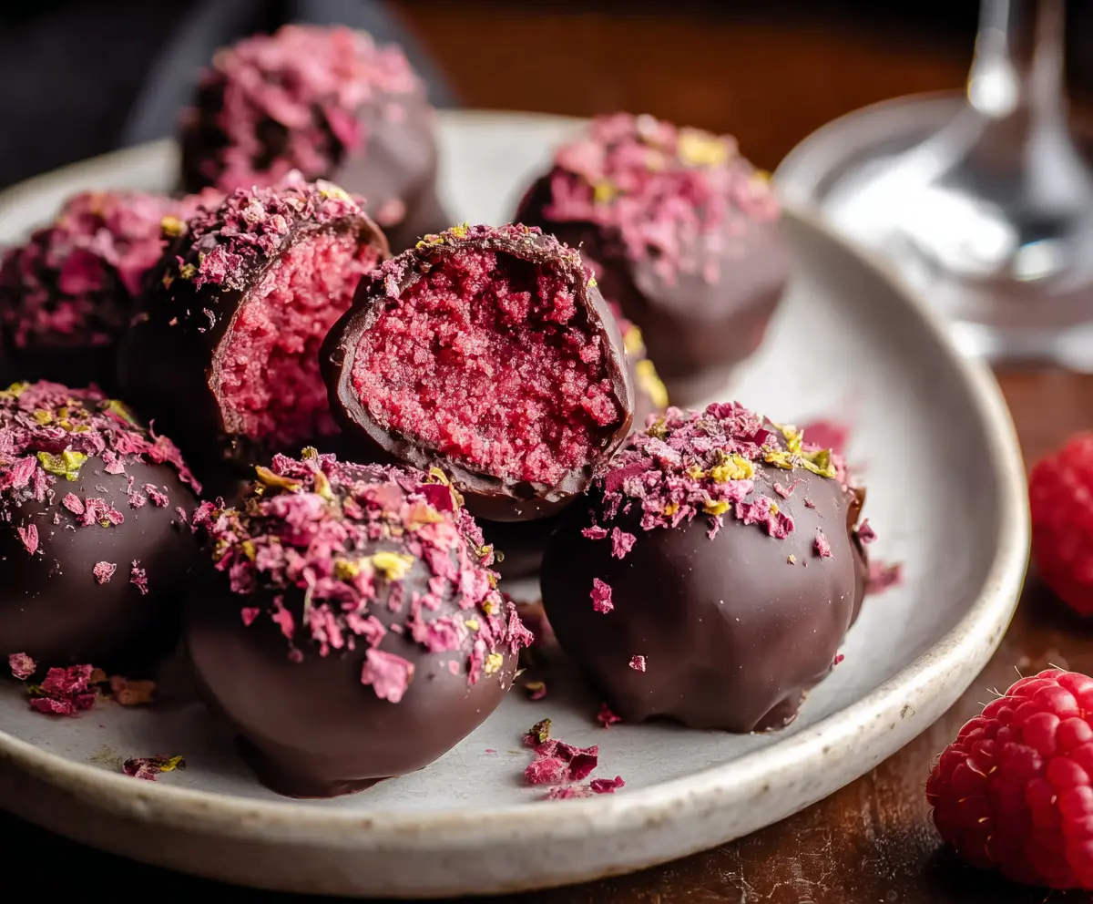 Delicious chocolate raspberry truffles perfect for Valentine's Day romantic desserts.