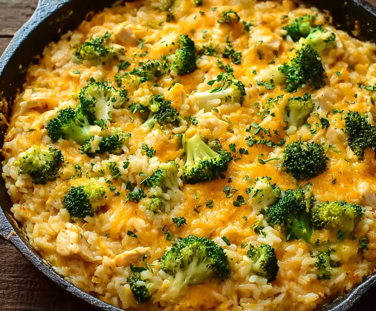 Delicious creamy chicken broccoli rice cheese casserole in a baking dish, perfect for family dinners.