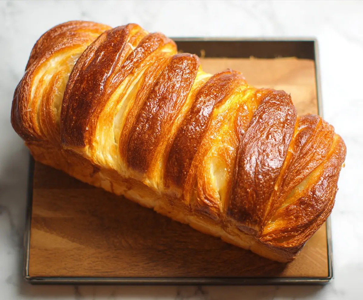 Golden-brown croissant bread loaf fresh out of the oven, showcasing flaky layers and a crispy crust.