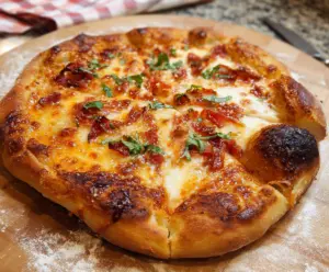 Homemade pizza dough recipe with ingredients and preparation steps.