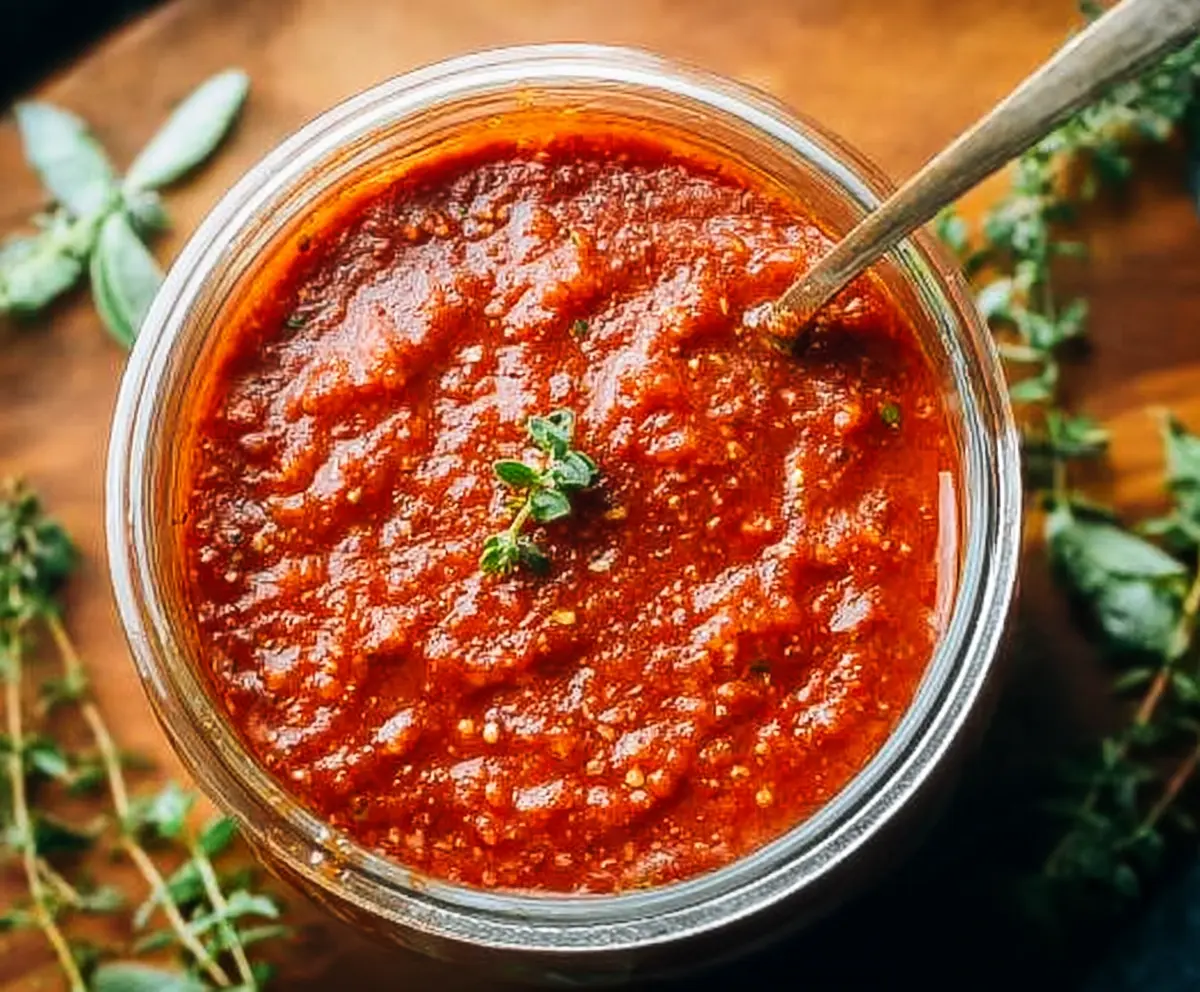 Homemade pizza sauce in a bowl ready for spreading on a pizza dough