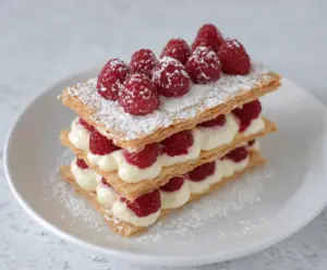 Delicious Raspberry Cream Napoleons layered with fresh raspberries and delicate pastry, perfect for Valentine's Day dessert.