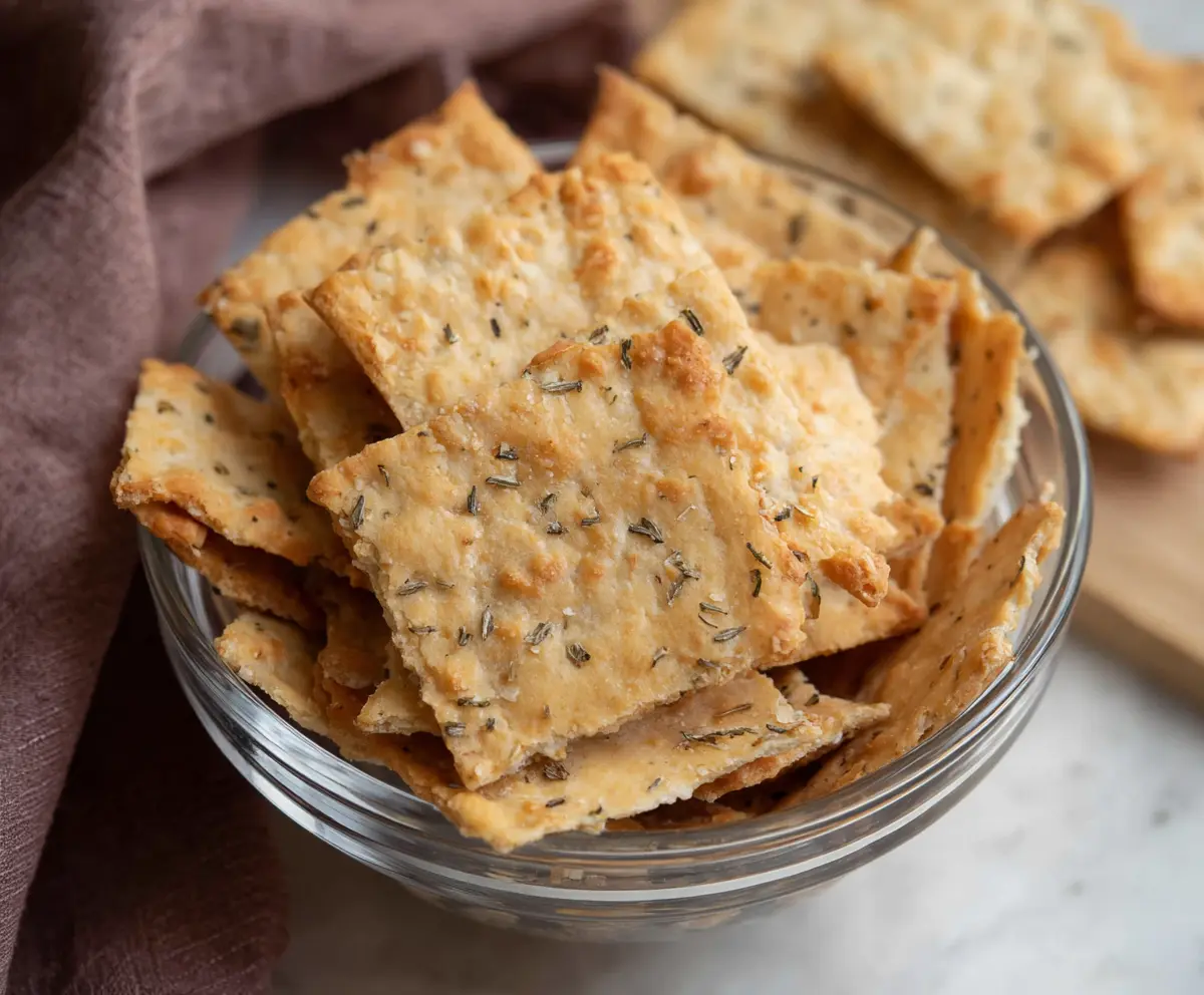 Golden homemade sourdough crackers on a wooden board, made with three simple ingredients.