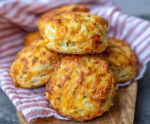 Delicious homemade sourdough discard cheddar biscuits on a rustic plate