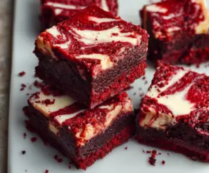 Rich and gooey red velvet brownies topped with chocolate ganache for Valentine's Day desserts.
