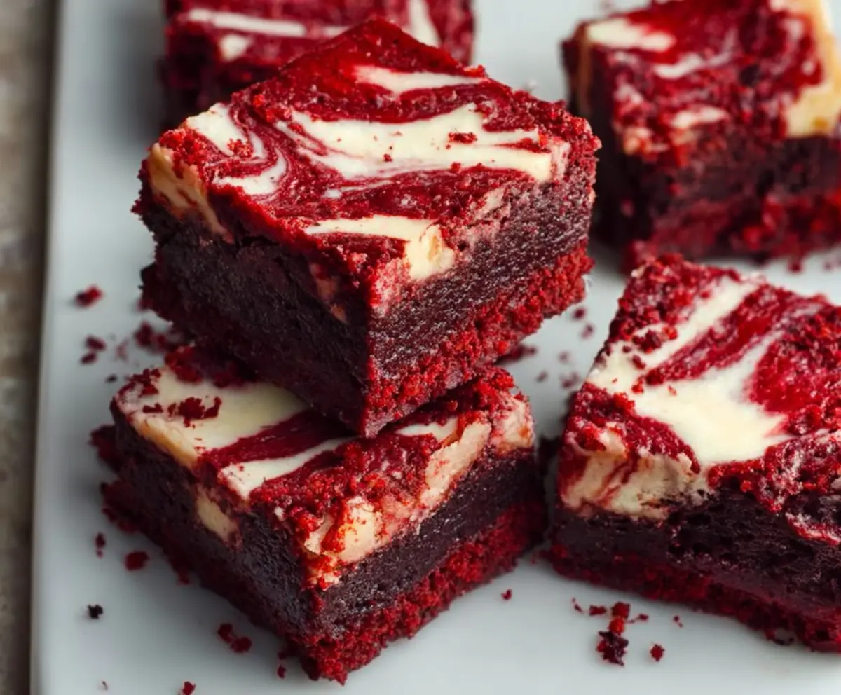 Rich and gooey red velvet brownies topped with chocolate ganache for Valentine's Day desserts.