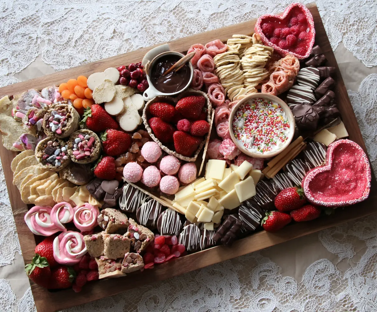 Romantic Valentine's charcuterie board with cheese, fruits, and chocolates for a special occasion.