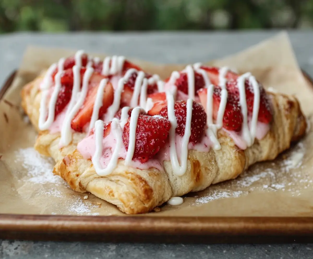 Delicious Vegan Strawberry Cream Danish on a festive Valentine's Day dessert plate.