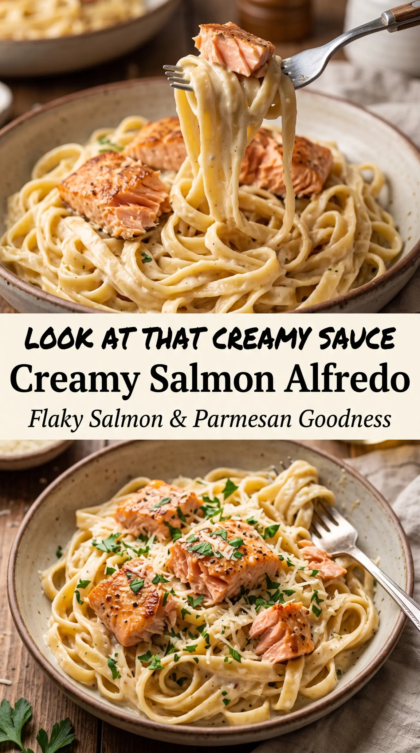 Creamy Salmon Alfredo tender salmon, Parmesan sauce, fettuccine