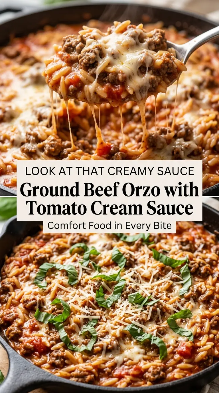 ground beef orzo tomato cream skillet creamy one-pan