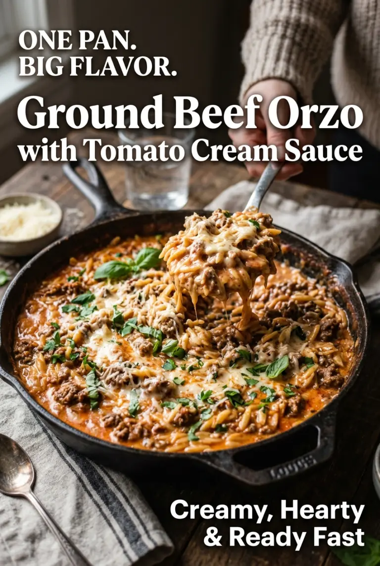 Ground Beef Orzo with Tomato Cream Sauce