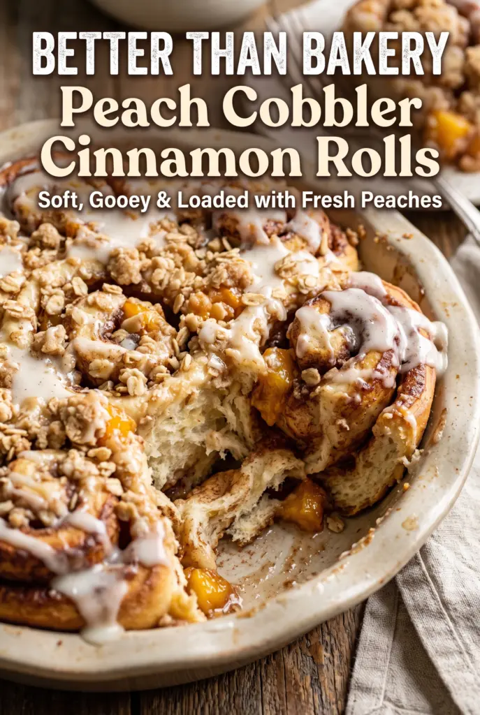 Peach Cobbler Cinnamon Rolls with Brown Sugar Glaze