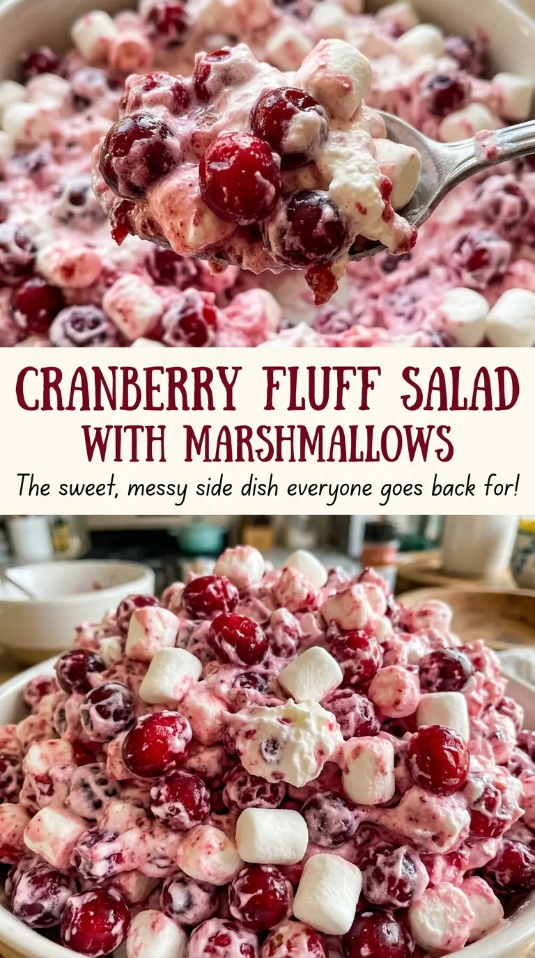 Cranberry fluff salad with marshmallows, tart and airy