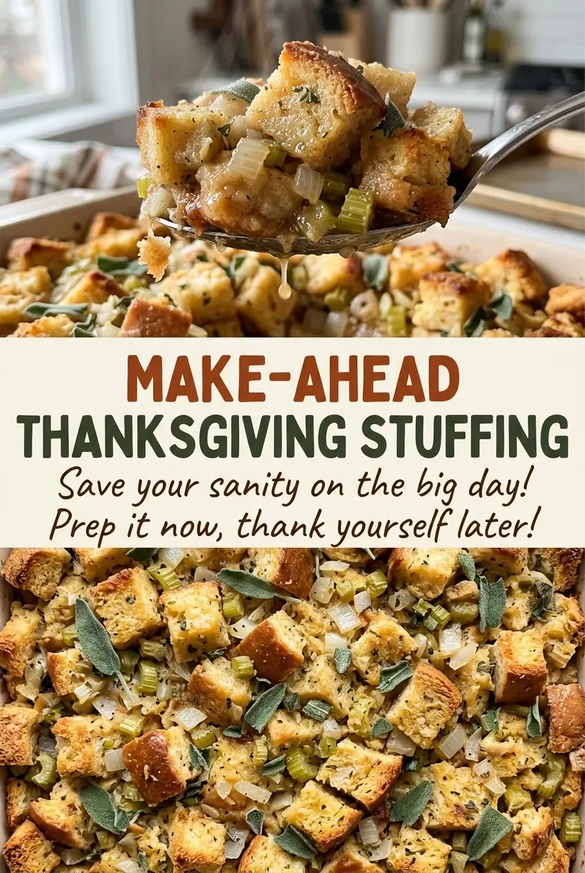 Make-Ahead Thanksgiving Stuffing golden crisp top