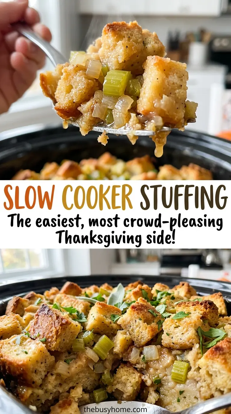 Slow Cooker Stuffing herb-flecked moist interior