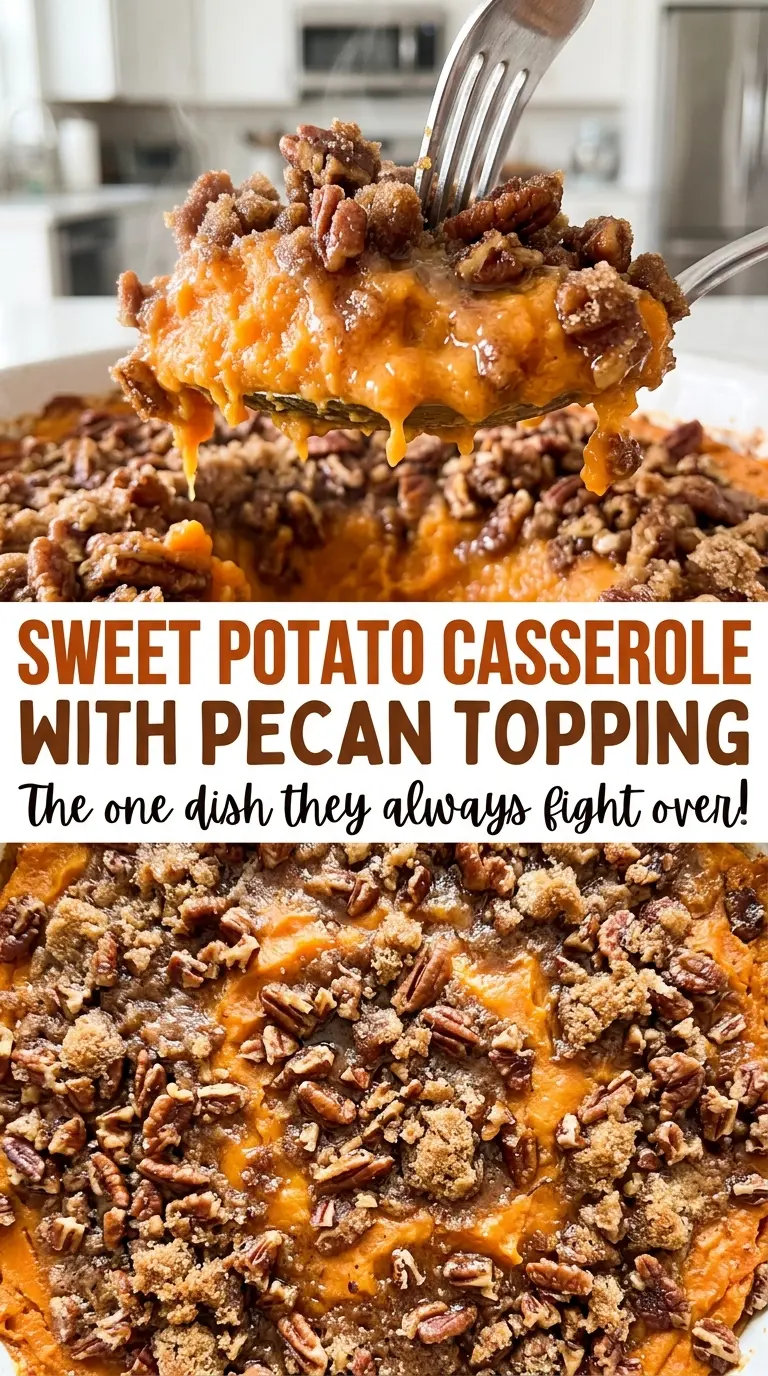 Sweet potato casserole with pecan topping, smooth filling crisp crumble